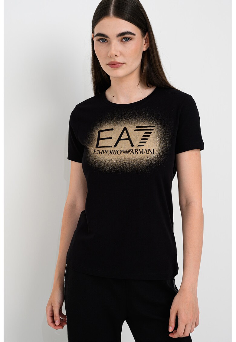 Tricou cu imprimeu si decolteu la baza gatului - Negru