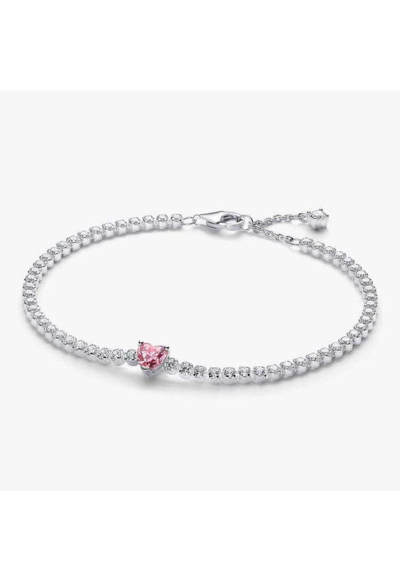 Bratara tenis stralucitoare cu inimioara Zirconiu Roz din Argint 925 - 18cm