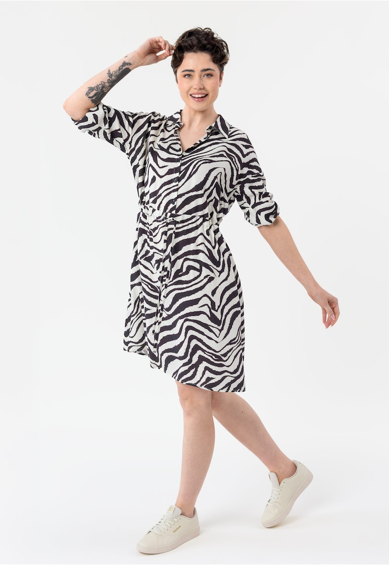 Rochie midi din viscoza cu model animal - cu guler - maneci scurti - nasturi - regular fit - G-Livium - Maro