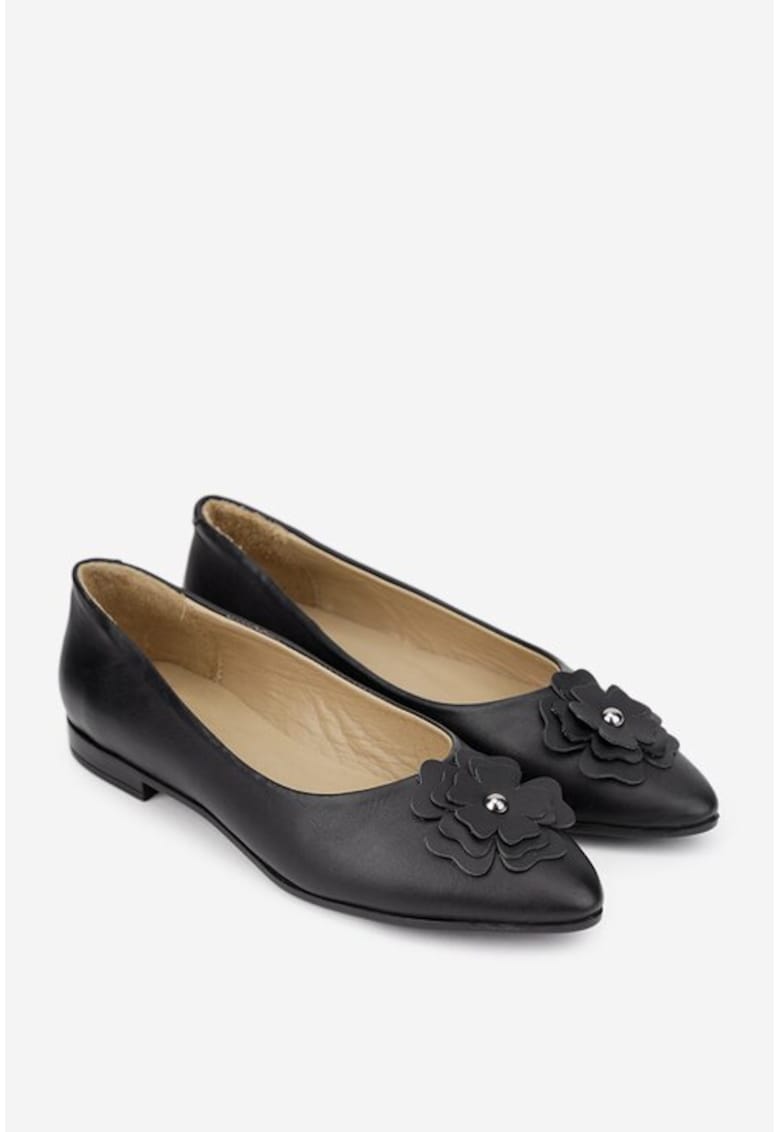 Balerini dama din piele naturala neagra cu floare
