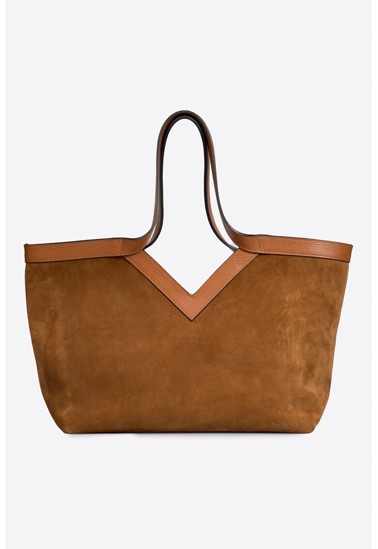 Geanta de piele intoarsa cu bareta de umar - Maro scortisoara