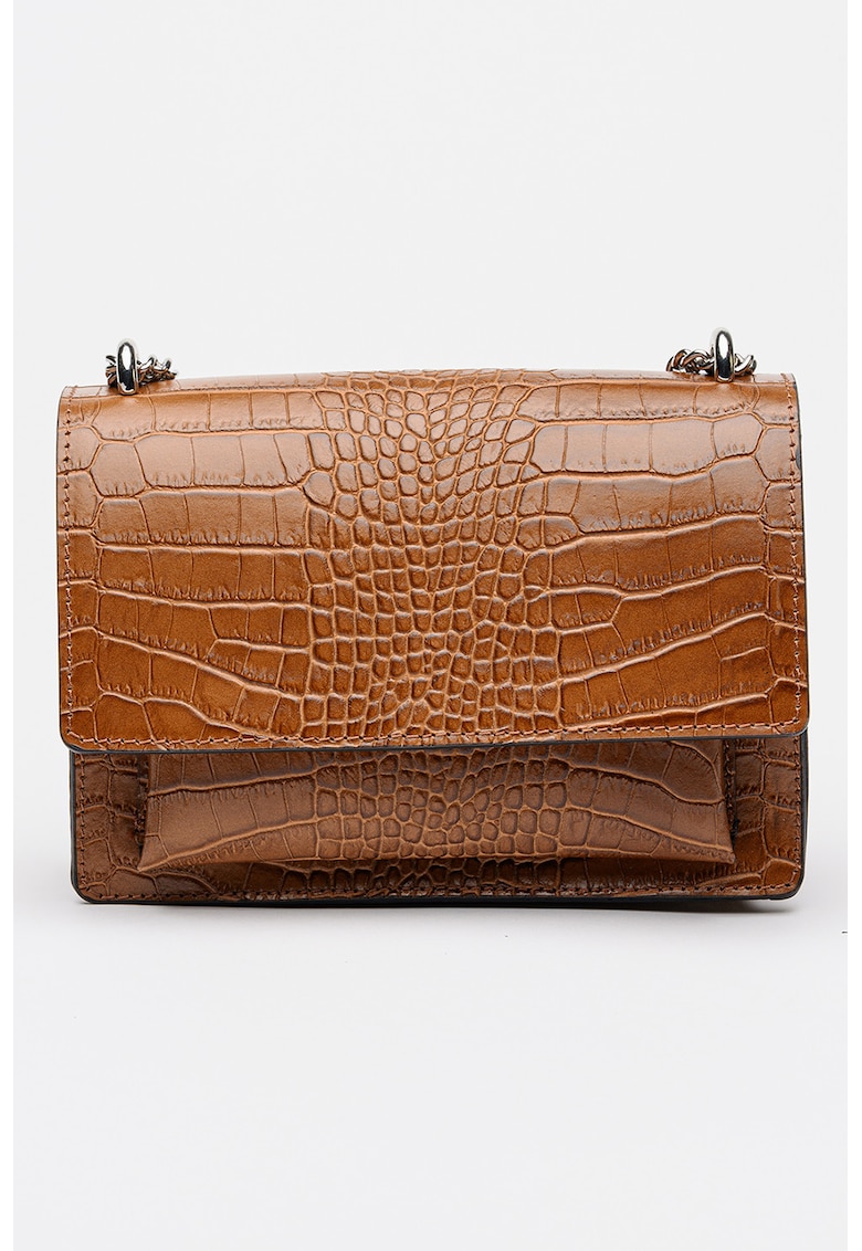 Geanta de piele cu bareta de umar si aspect de piele de crocodil - Maro cognac