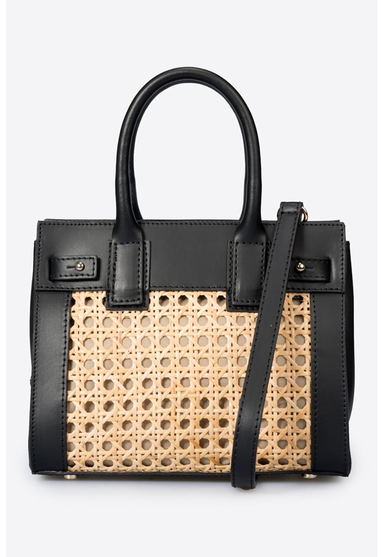 Geanta de piele cu bareta de umar si aspect de piele de crocodil - Negru/Bej