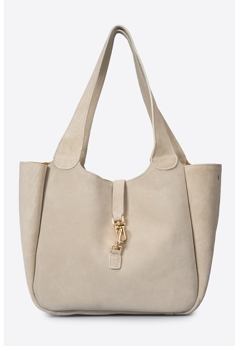 Geanta de piele intoarsa cu bareta de umar si etui interior detasabil - Bej deschis