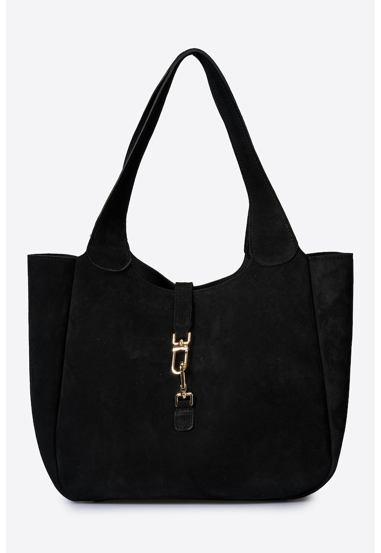 Geanta de piele intoarsa cu bareta de umar si etui interior detasabil - Negru