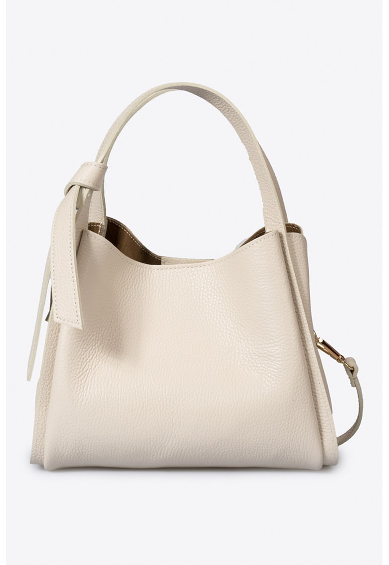 Geanta de piele cu bareta de umar si trei compartimente - Bej deschis