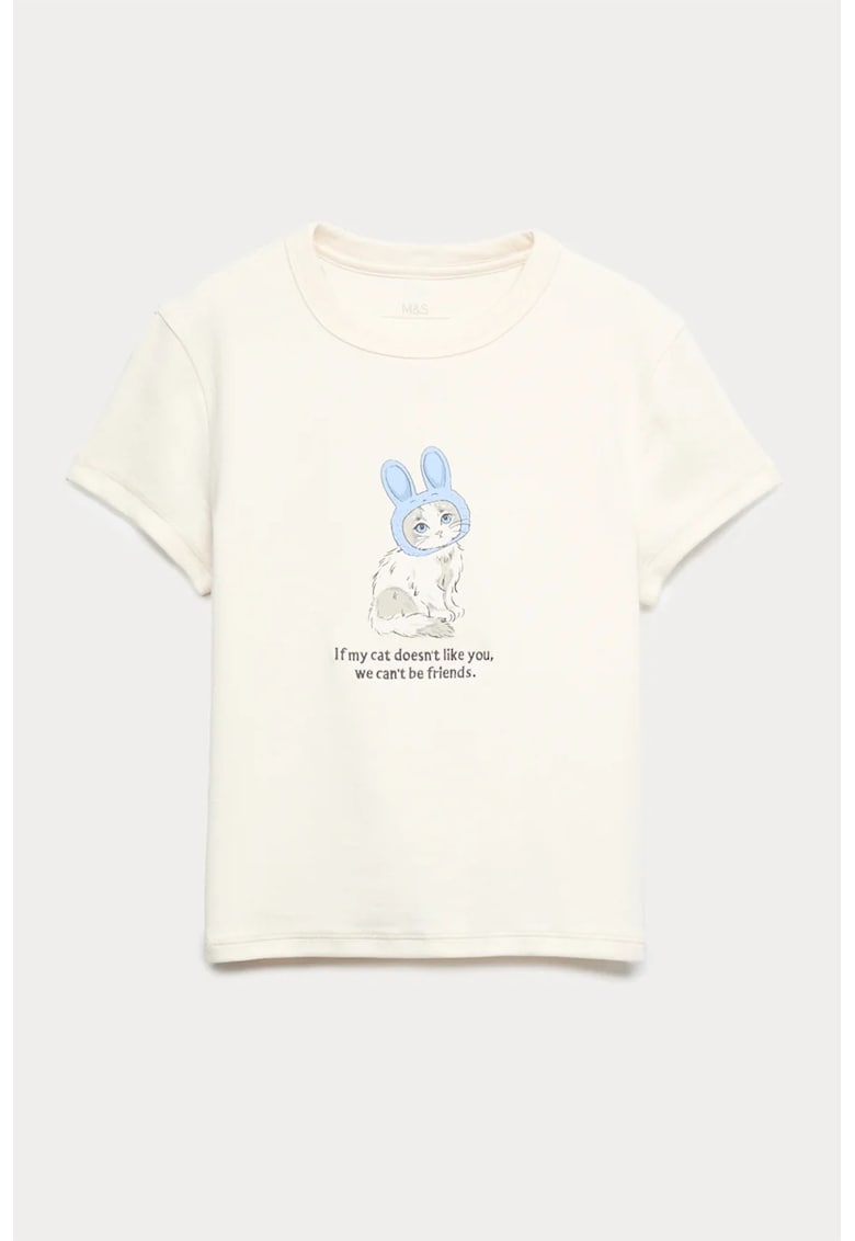 Tricou din amestec de bumbac cu imprimeu grafic - Alb fildes/Albastru azur