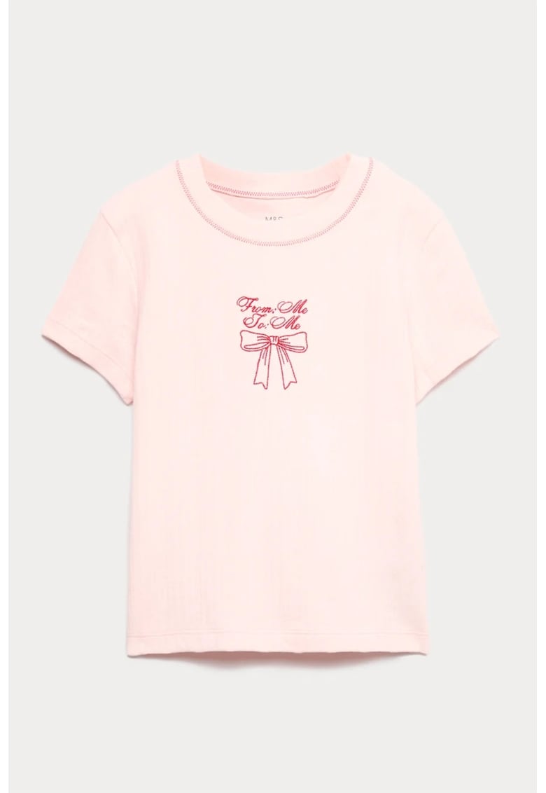 Tricou de bumbac cu funda brodata - Roz aprins/Roz pal