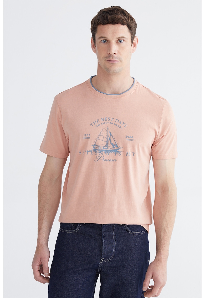 Tricou de bumbac cu imprimeu pe piept - Roz piersica/Albastru stins