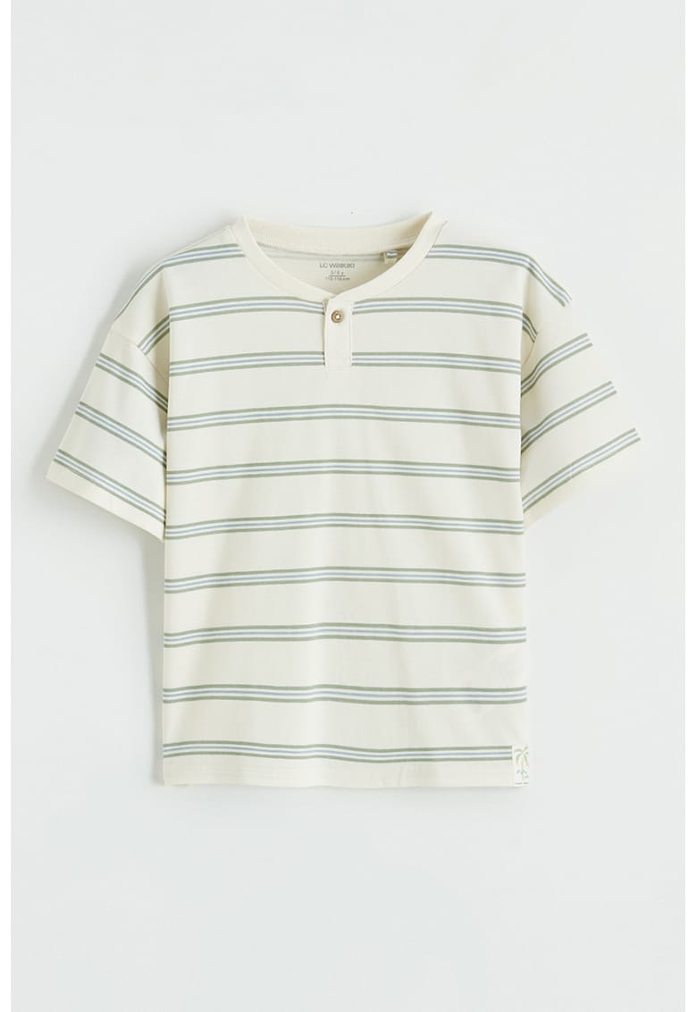 Tricou din bumbac cu model henley si dungi - Verde sparanghel/Bej deschis