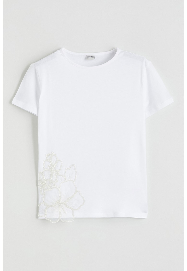 Tricou din bumbac cu decolteu la baza gatului - Alb