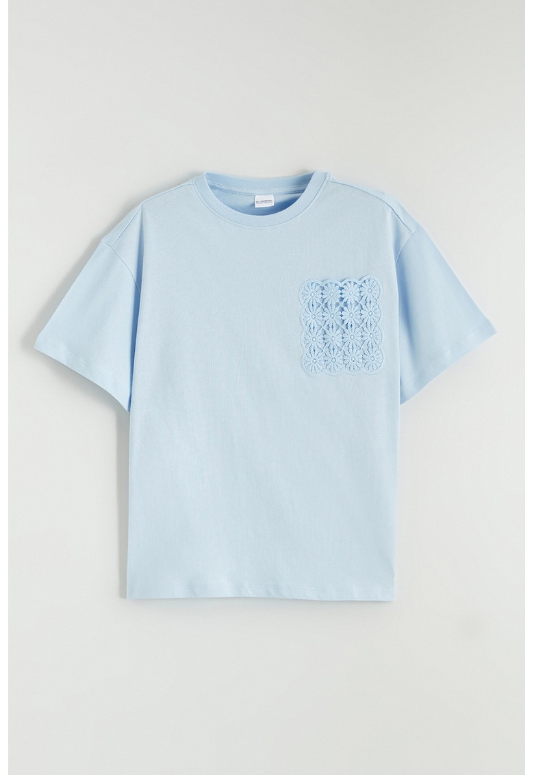 Tricou din bumbac cu insertie din dantela - Albastru pastel