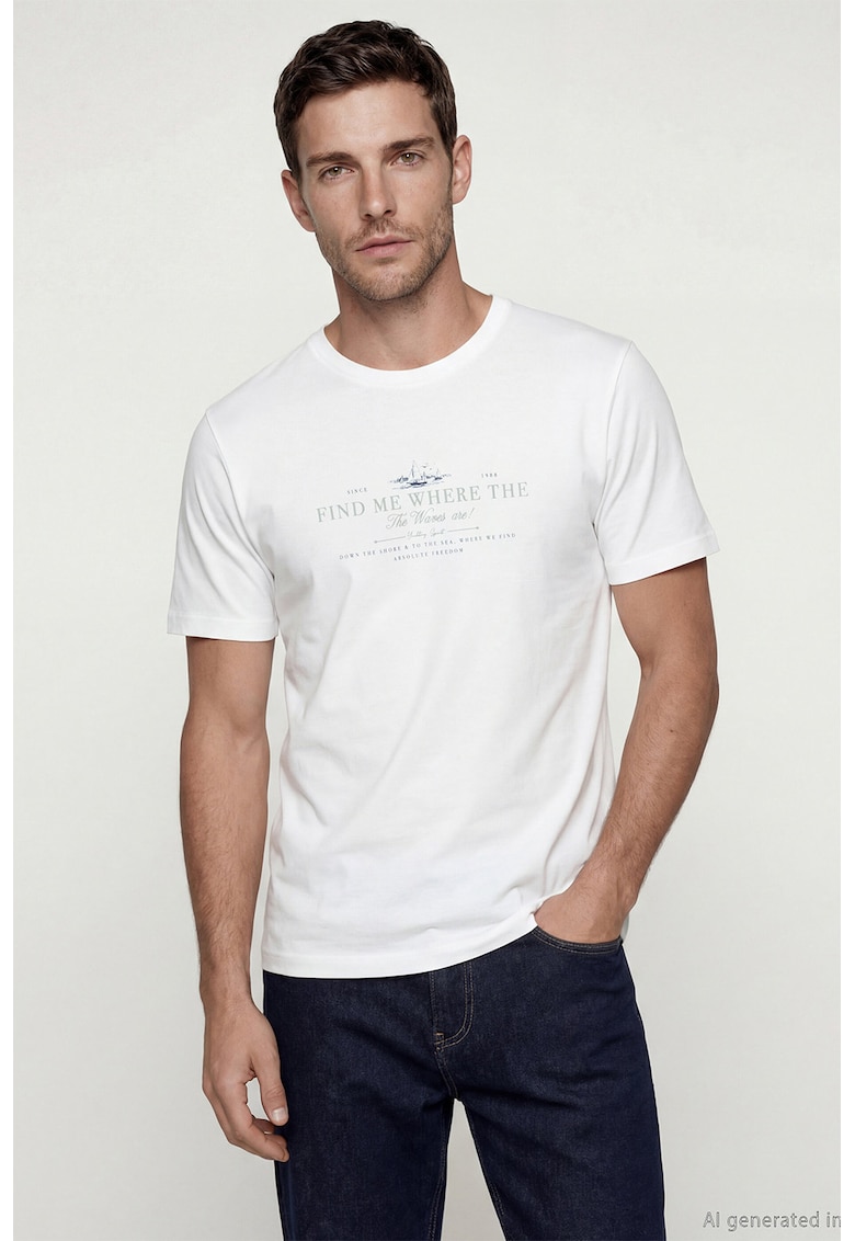 Tricou cu decolteu la baza gatului si imprimeu text - Alb/Gri cenusiu