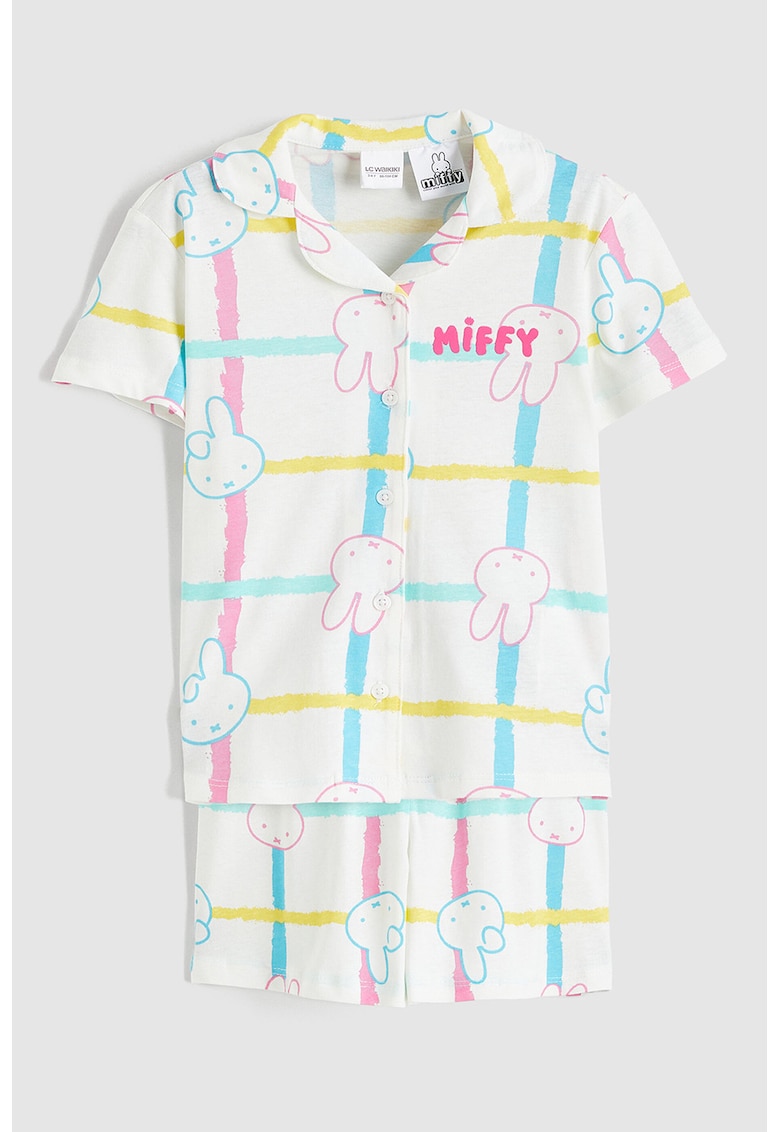 Pijama cu pantaloni scurti si imprimeu variat - Alb/Albastru neon/Roz