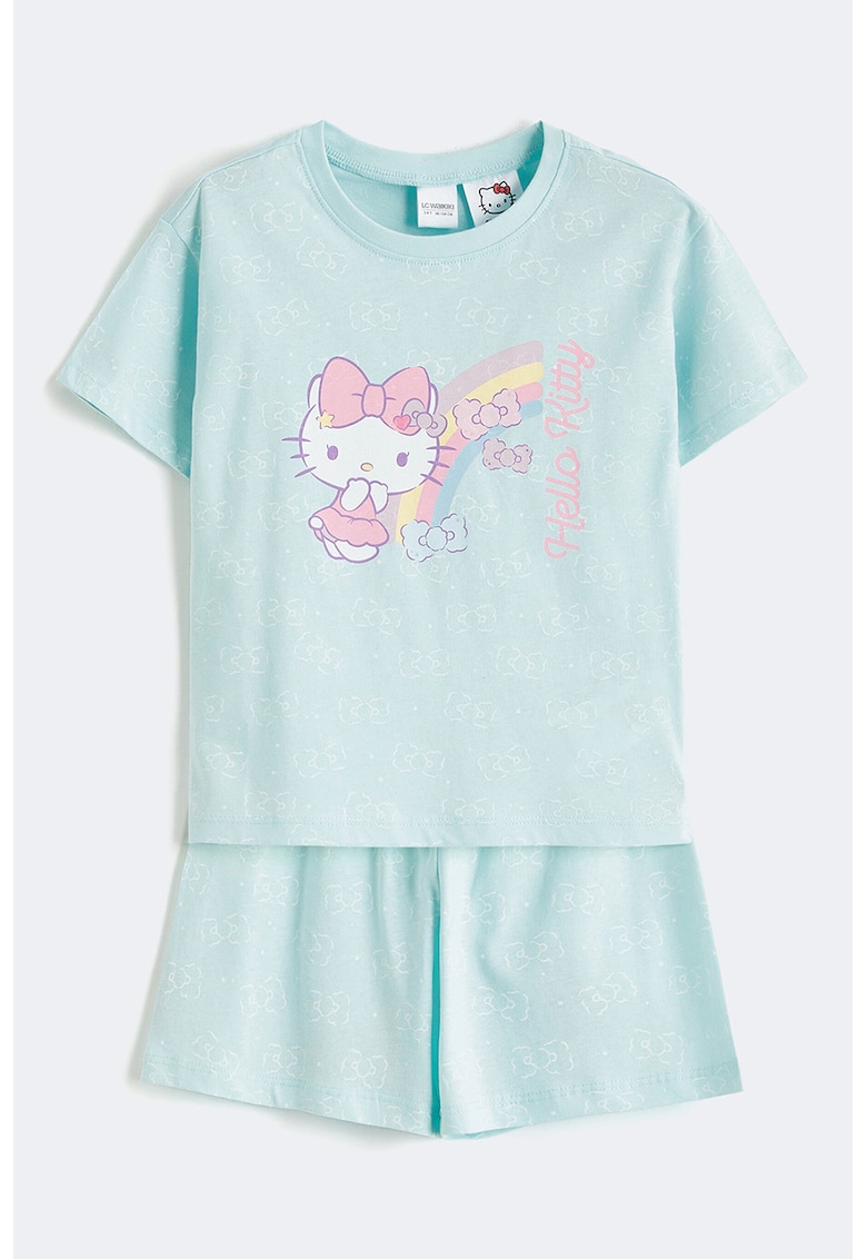 Pijama din bumbac cu pantaloni scurti si imprimeu Hello Kitty - Albastru glaciar