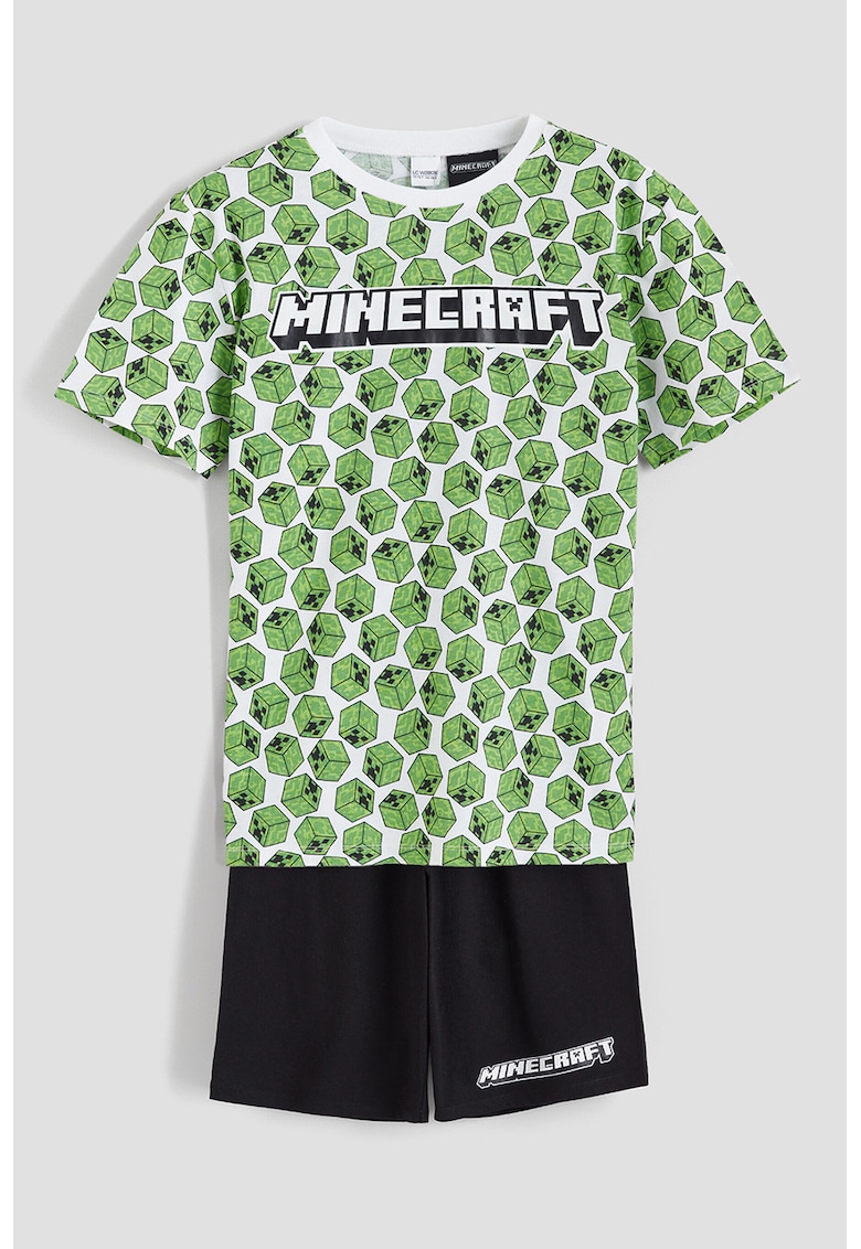 Pijama cu pantaloni scurti si model tematic Minecraft - Alb/Verde/Negru
