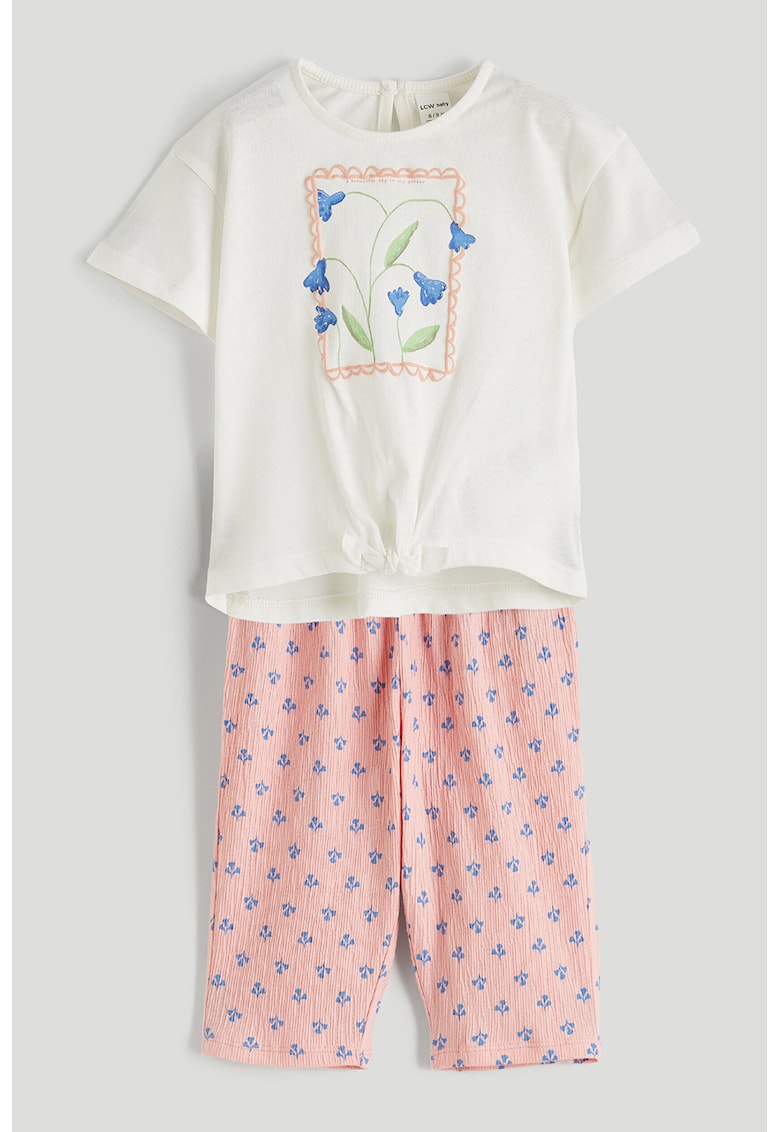 Set de tricou cu imprimeu floral si pantaloni - 2 piese - Alb/Roz somon