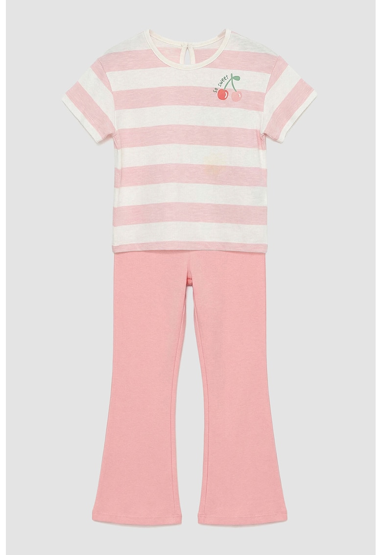 Set de tricou cu dungi si colanti evazati - 2 piese - Alb/Roz deschis
