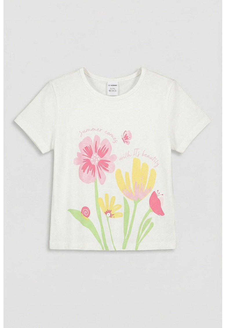 Tricou din bumbac cu imprimeu floral - Alb fildes/Galben/Roz