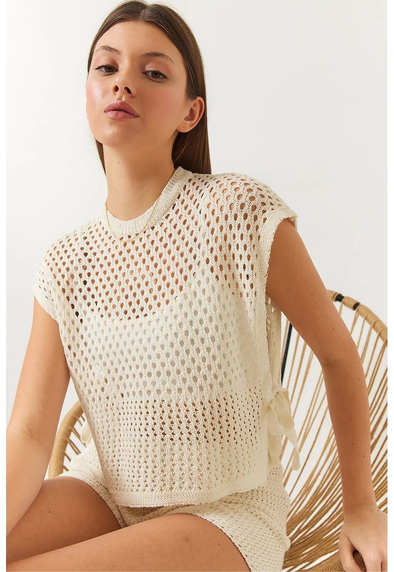 Pulover vesta dama - vesta scurta - texturata - ivoire - acril - One Size