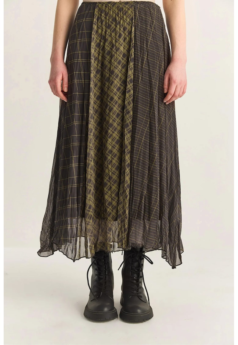 Fusta midi - talie inalta - carouri - kaki - poliester