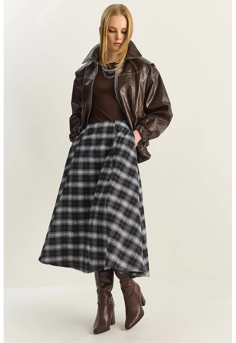 Fusta midi talie inalta - multicolor - poliester