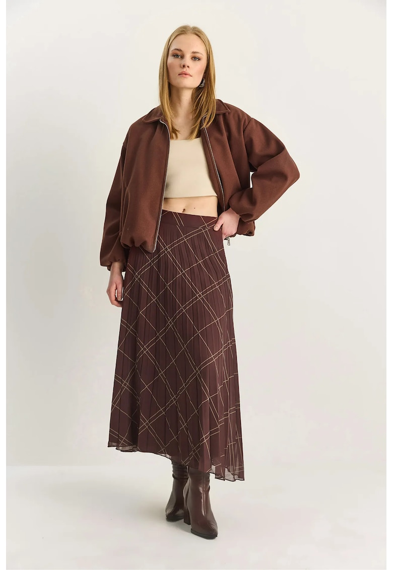 Fusta Maxi cu Talie Inalta - Culoare Maro - Bumbac si Poliester -