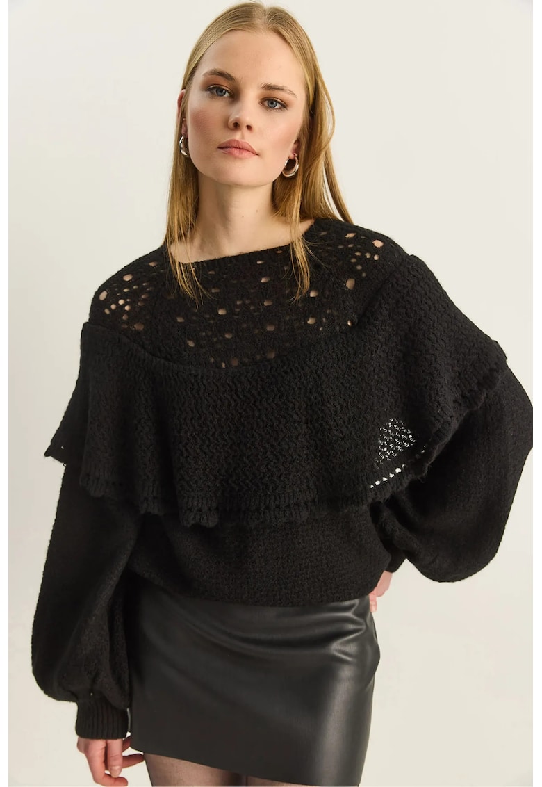 Pulover dama - gros - guler barca - negru - acril - One Size