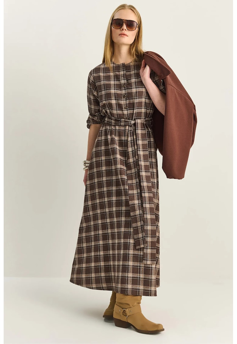 Rochie midi - carouri - multicolor - bumbac