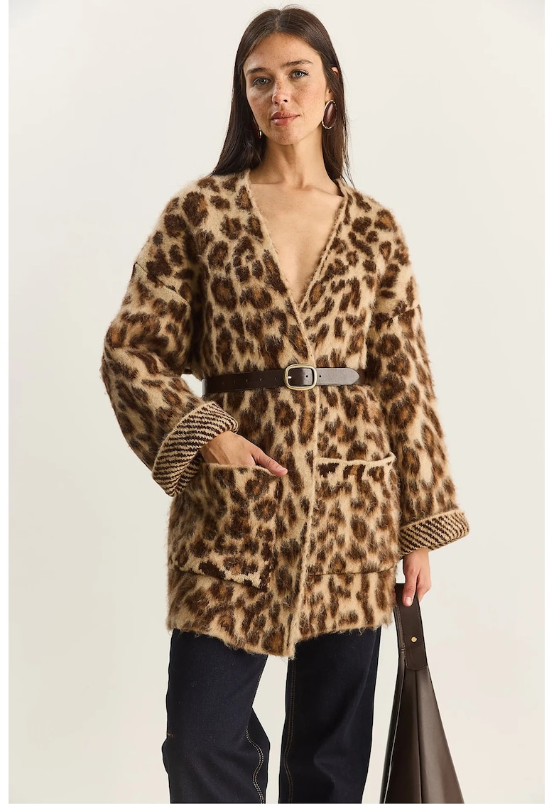 Cardigan lung supradimensionat imprimeu leopard - maro - 100% poliester - One Size