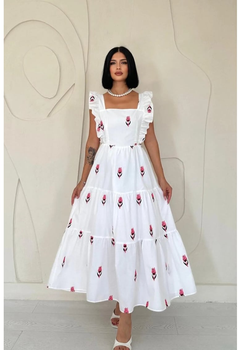 Rochie midi florala - alb/roz - bumbac