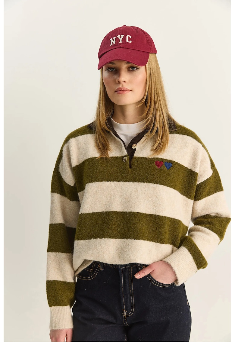 Pulover dama - supradimensionat - guler polo - dungi - natural - 100% poliester - One Size