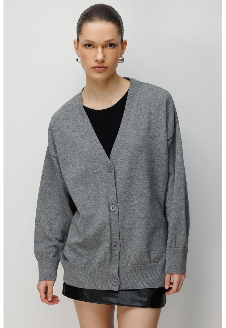 Cardigan lung - gri inchis - tricotat - cu decolteu in V - inchidere cu nasturi - One Size