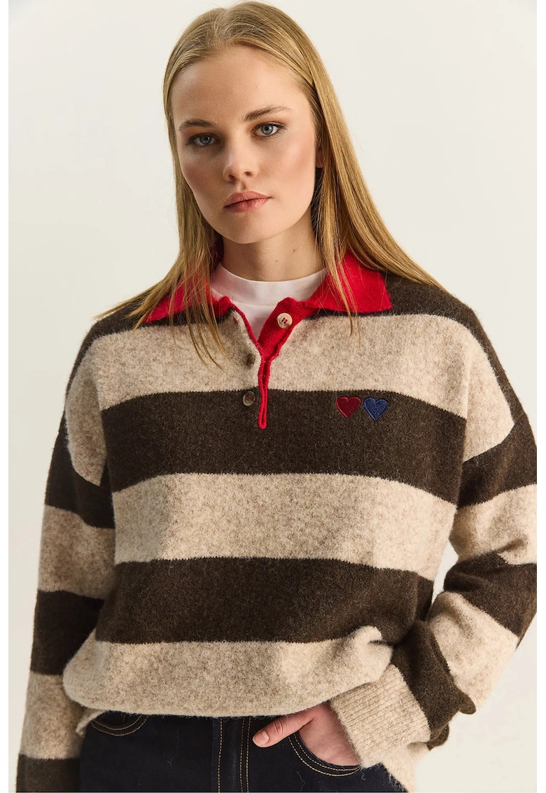 Pulover supradimensionat - guler polo - dungi - maro - 100% poliester - One Size