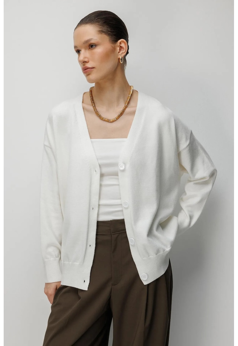 Cardigan lung - tricot - decolteu in V - natural - 100% poliester - One Size