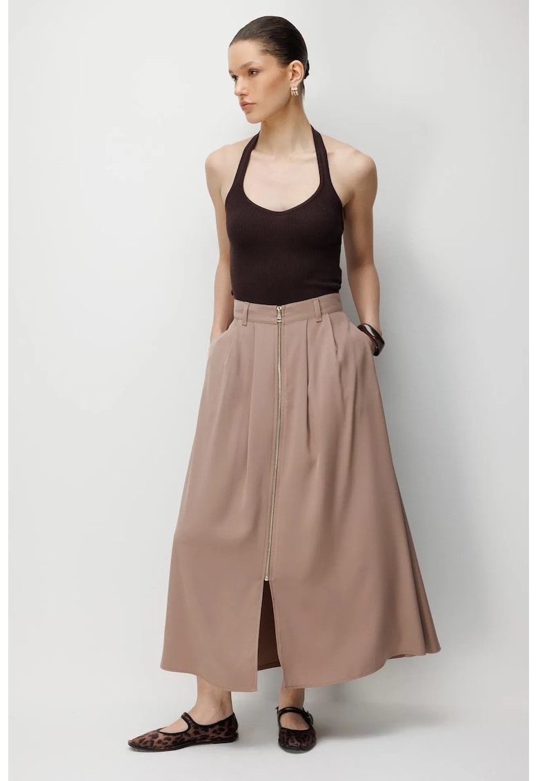 Fusta midi - talie inalta - croiala in A - maro camel - poliester