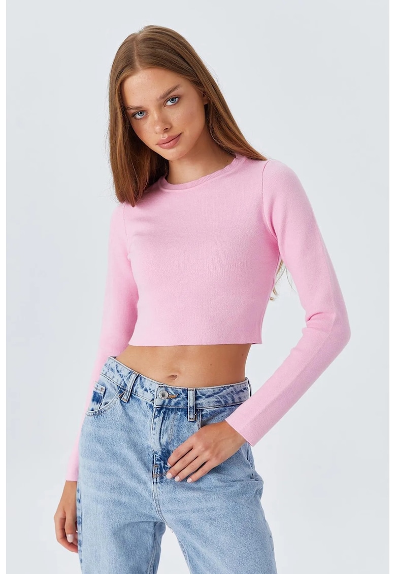 Pulover dama - top tricotat scurt - maneca lunga - roz pudrat - jerseu - One Size