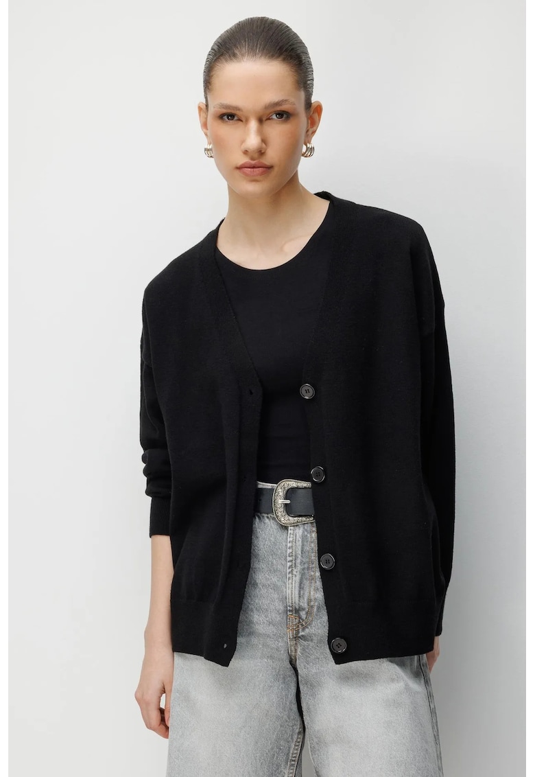 Cardigan lung tricotat negru - 100% poliester - cu decolteu in V - cu nasturi - One Size