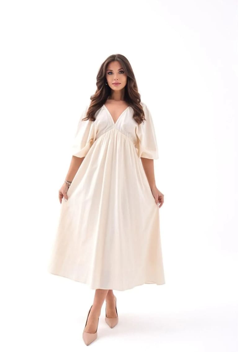 Rochie midi - decolteu in V - maneci trei sferturi - bej - bumbac