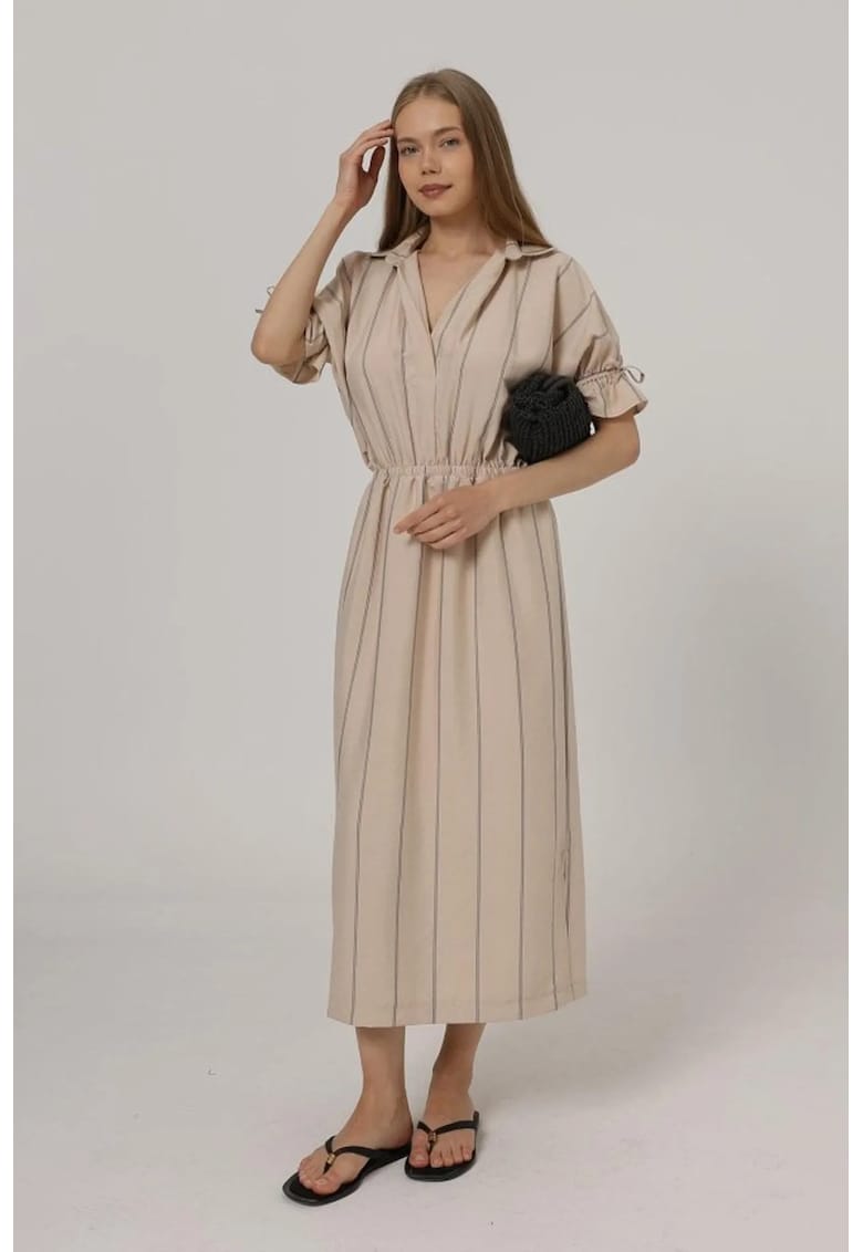 Rochie midi galben - 85% bumbac - guler tip camasa
