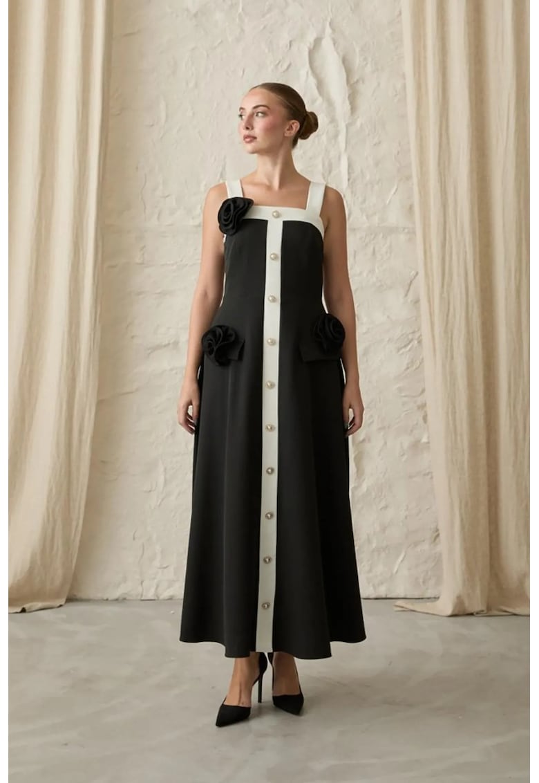 Rochie midi inchidere cu nasturi - neagra - bumbac