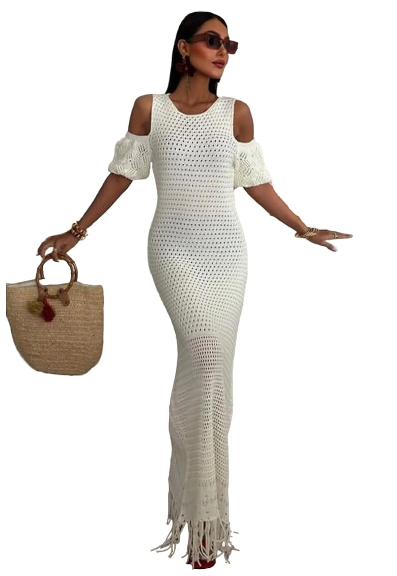 Rochie Midi Off Shoulder cu Detalii Ciucuri - Alb - Bumbac-Poliester-Elastan -