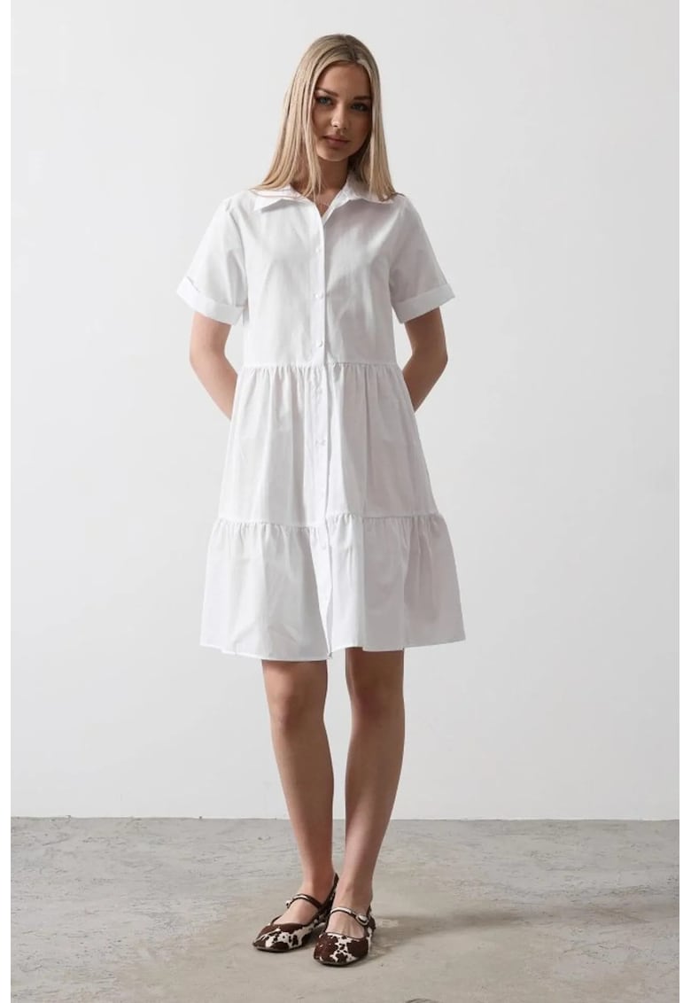 Rochie midi alb - bumbac/poliester - cu guler si nasturi -