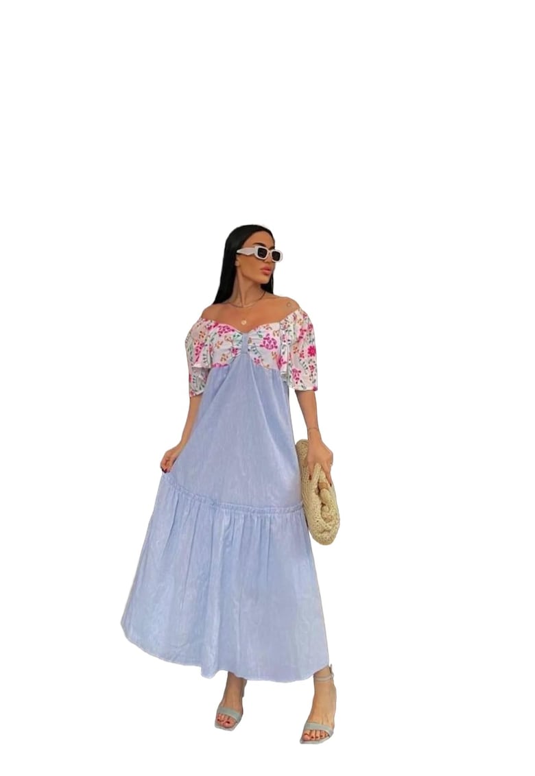 Rochie midi - cu umeri goi - croiala in A - imprimeu floral - multicolor - bumbac/poliester