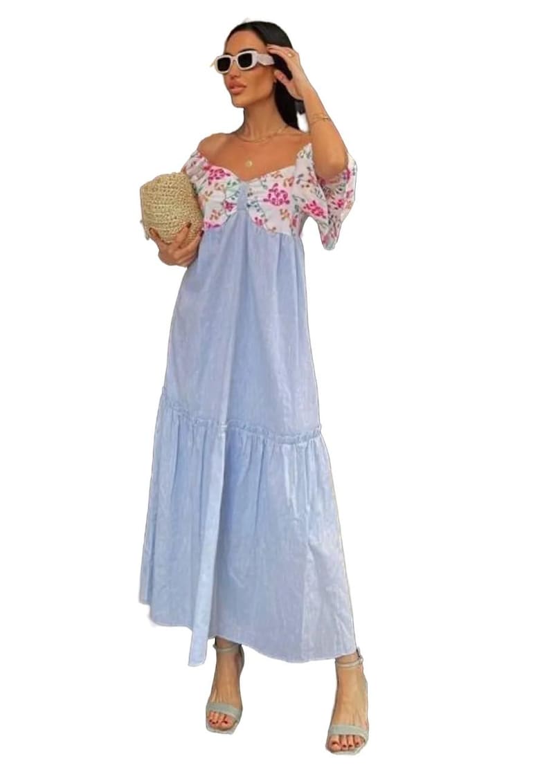 Rochie Midi A-Line cu umeri goi - imprimeu floral - albastru - bumbac-poliester-elastan -