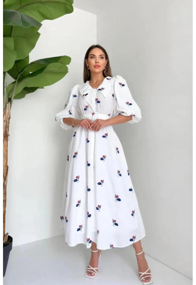 Rochie Maxi Florala Alb - Bumbac