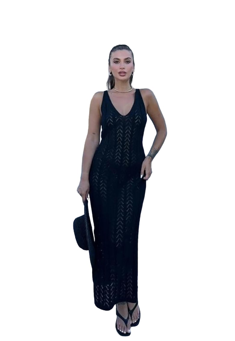 Rochie Midi - Decolteu in V - Negru - Bumbac/Poliester/Elastan -
