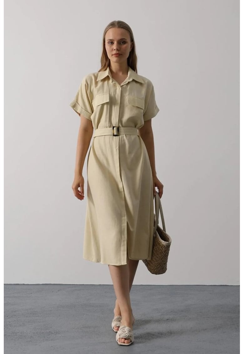 Rochie midi guler tip camasa - bej - bumbac