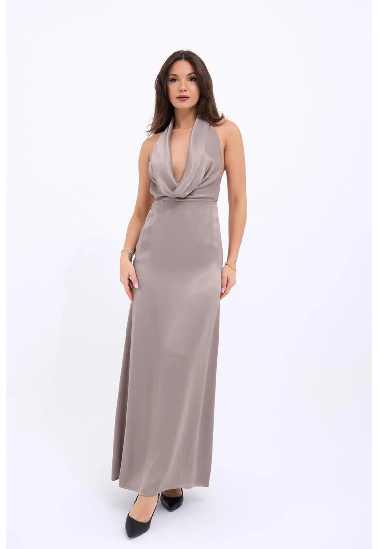 Rochie maxi - decolteu halter - bej - bumbac