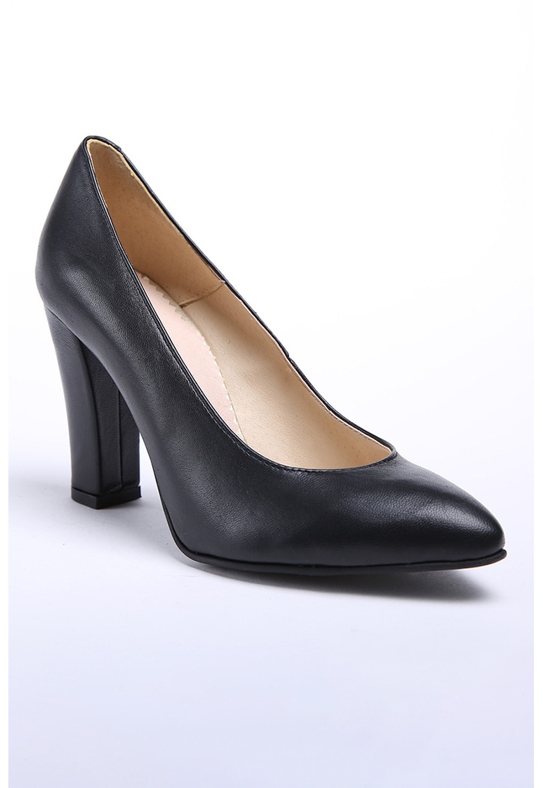 Pantofi din piele cu toc masiv - Negru